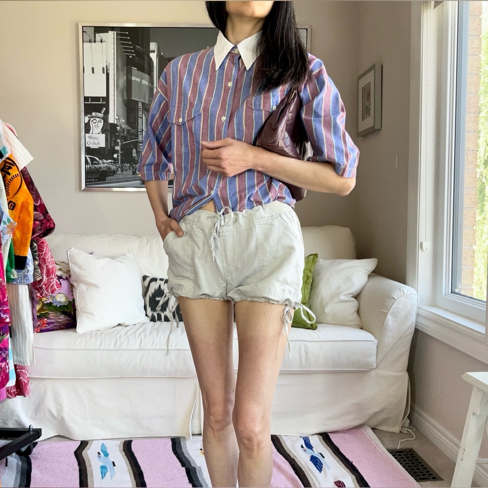 Beige linen blend drawstring front and sides bloomer short shorts